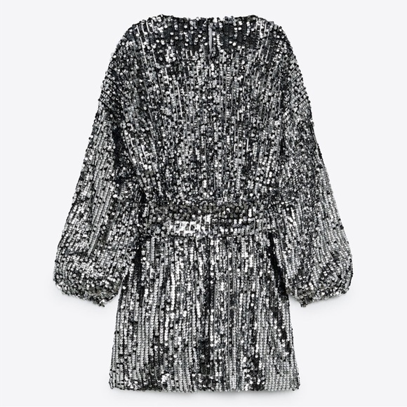 ZARA | NWT XL SLIVER SEQUIN BALLOON SLEEVES MINI DRESS. ERAS TOUR READY! - Picture 3 of 3